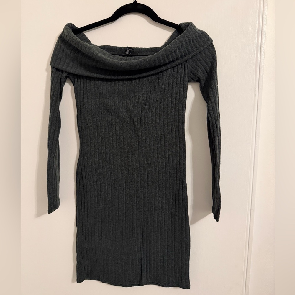 Olive Green off-shoulder Knit Sweater Dress
